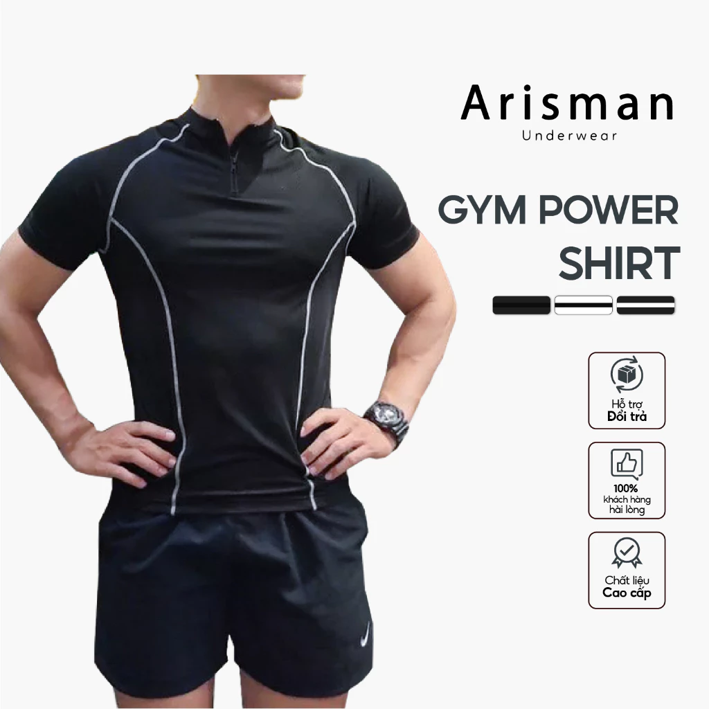 Áo Thể Thao Nam Cộc Tay ARISMAN Tập Gym, Chạy Bộ, Áo cổ trụ kéo khóa, thoáng khí co giãn 4 chiều
